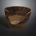 Hand Carved Basket Sculpture With Colorful Patterned Design And Textured Surface