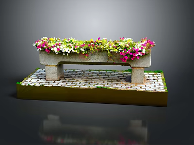 Garden Decor Stone Flower Box With Colorful Flowers On Brick Platform 3d model