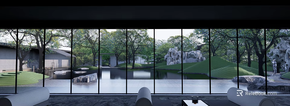 Modern Outdoor Pergola Design With Natural Pond Trees And Rockery Landscape 3d model 