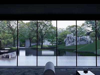 Modern Outdoor Pergola Design With Natural Pond Trees And Rockery Landscape 3d model