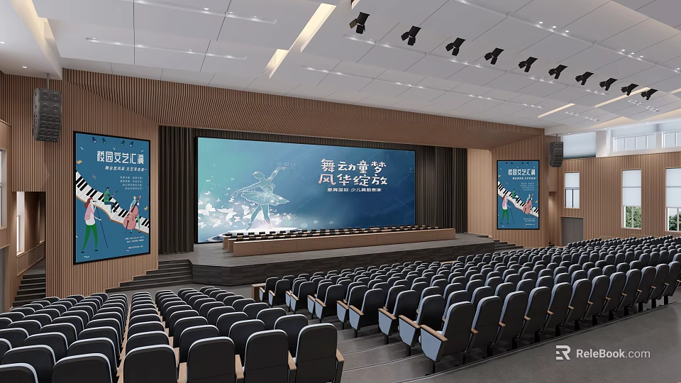 Spacious Conference Room With Large Screen Rows Of Seats And 40th Anniversary Decorative Posters 3d model 