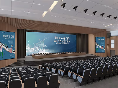 Spacious Conference Room With Large Screen Rows Of Seats And 40th Anniversary Decorative Posters 3d model