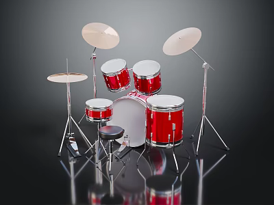 Red Drum Set With Cymbals And Drum Stool On Reflective Dark Background 3d model