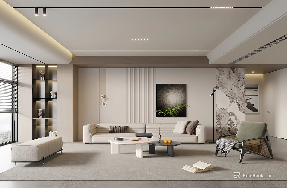 Modern Living Room Interior Design With Beige Sofa Coffee Tables Bookshelf And Marble Wall 3d model 