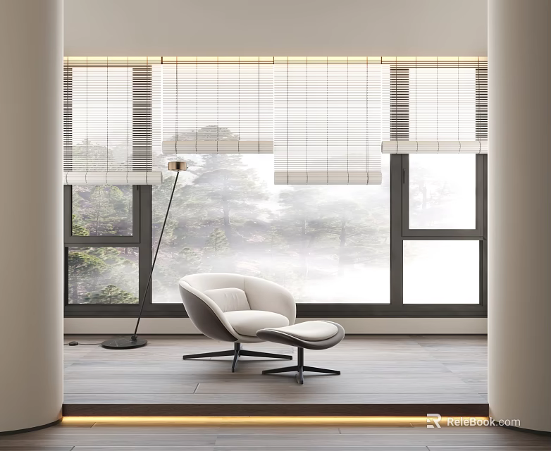 Window Blinds In Modern Room Interior With White Chair Floor Lamp And Trees Outside 3d model 