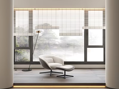 Window Blinds In Modern Room Interior With White Chair Floor Lamp And Trees Outside 3d model