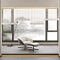 Window Blinds In Modern Room Interior With White Chair Floor Lamp And Trees Outside
