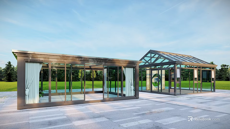 Modern Villa Balcony Design With Glass Structure And Outdoor Green Landscape 3d model 