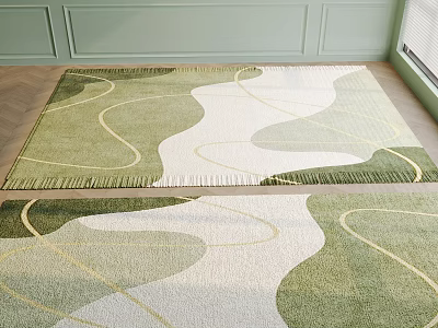 Square Rug With Green White Wavy Yellow Lines Fringe Design For Indoor Living Space 3d model