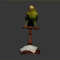 Green Yellow Budgerigar Perched On Red Stand With White Paper At Base