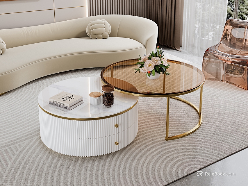Gold Accented White Round Coffee Table with Glass Top Drawer Books Cups and Flowers 3d model 