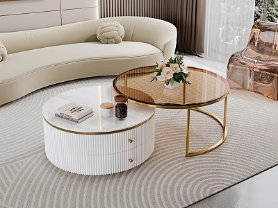 Gold Accented White Round Coffee Table with Glass Top Drawer Books Cups and Flowers 3d model