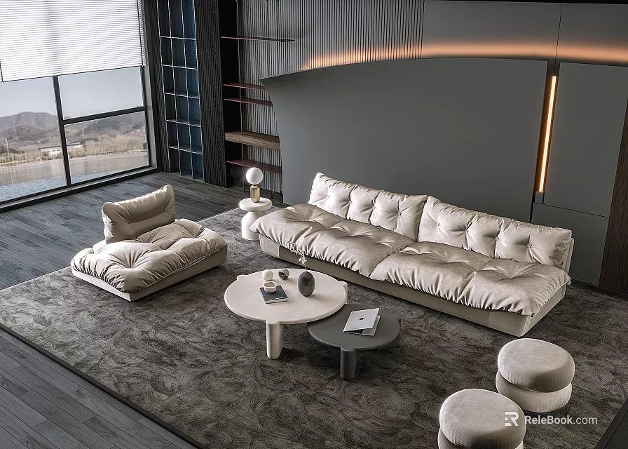 Modern Living Room Sofa and Coffee Table Set with Cream Upholstery Round Tables and Stools 3d model 