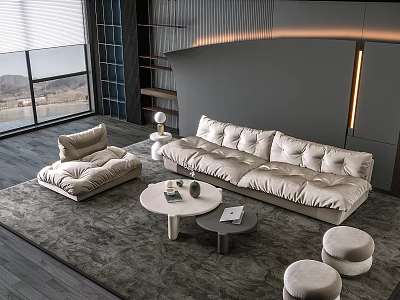 Modern Living Room Sofa and Coffee Table Set with Cream Upholstery Round Tables and Stools 3d model