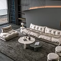 Modern Living Room Sofa and Coffee Table Set with Cream Upholstery Round Tables and Stools
