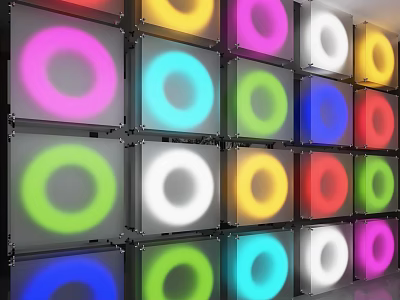 Vibrant Colorful LED Background Wall With Circular Light Rings And Square Panels 3d model
