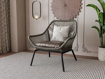 Rattan Accent Chair With Light Colored Cushion Black Metal Legs On Striped Rug Decorative Wall 3d model