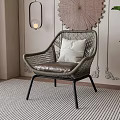 Rattan Accent Chair With Light Colored Cushion Black Metal Legs On Striped Rug Decorative Wall