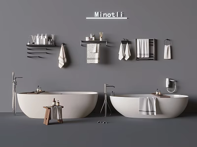 Elegant Modern Minotti Bathroom Interior With Freestanding Bathtub Shelves Towels And Toiletries 3d model