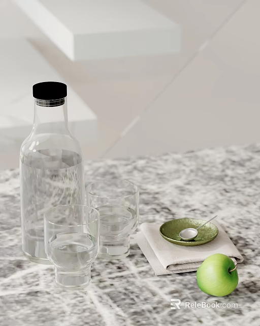 Decorative Ornament Set Clear Bottle Black Cap Glass Cups Green Dish Spoon On Marble Countertop 3d model 