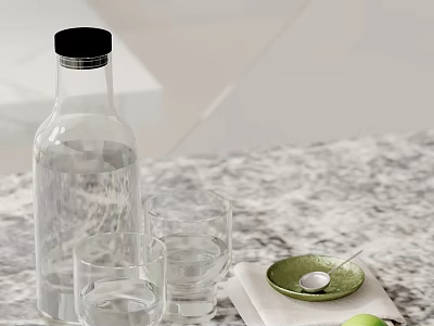 Decorative Ornament Set Clear Bottle Black Cap Glass Cups Green Dish Spoon On Marble Countertop 3d model