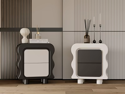 Modern Black And White Nightstands With Wavy Design Drawers And Decorative Items 3d model