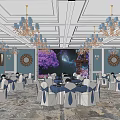 Elegant Banquet Hall Featuring Ornate Chandeliers Arranged Tables Decorative Paintings And Large Screen
