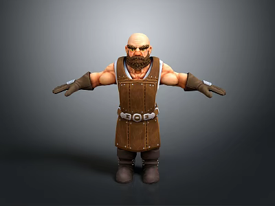 3D Muscular Bald Bearded Character Wearing Brown Leather Vest Long Gloves And Boots 3d model