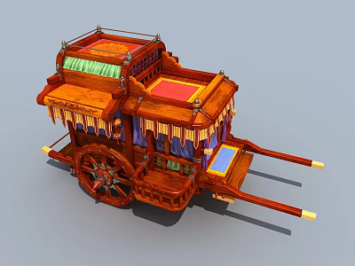 Traditional Wooden Carriage With Ornate Roof Colorful Curtains And Decorative Wheels 3d model