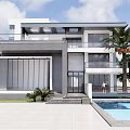 Modern Detached Villa With Swimming Pool Palm Tree Balcony And Glass Windows