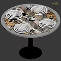 Elegant Tableware Set on Round Dining Table with Plates Napkins Cutlery Wine Glasses and Vase
