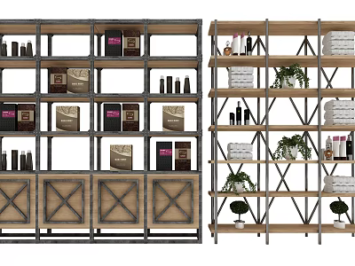 Industrial And Modern Shelving Units With Metal Frames Wooden Shelves Boxes Bottles And Plants 3d model