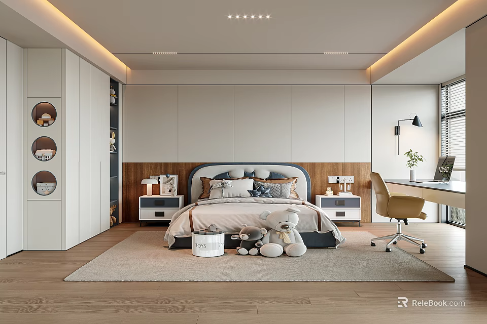 Modern Kids Room Interior With Bed Desk Chair Stuffed Toys And Rug On Wooden Floor 3d model 