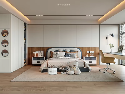 Modern Kids Room Interior With Bed Desk Chair Stuffed Toys And Rug On Wooden Floor 3d model
