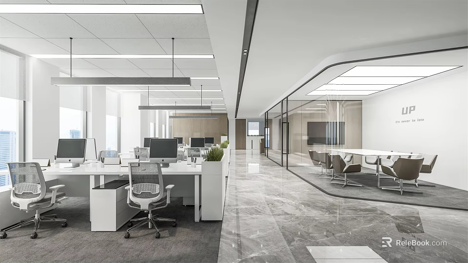 Modern Public Office Space With Open Workstations Glass Partitions Marble Flooring And Green Plants 3d model 