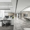 Modern Public Office Space With Open Workstations Glass Partitions Marble Flooring And Green Plants