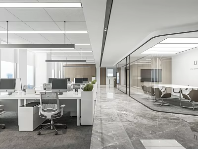 Modern Public Office Space With Open Workstations Glass Partitions Marble Flooring And Green Plants 3d model