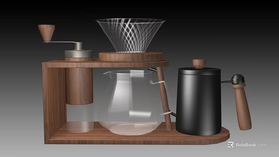 Stylish Coffee Tools Set with Grinder Dripper Pot and Frother on Wooden Stand 3d model 