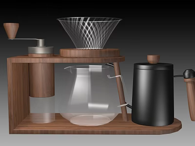 Stylish Coffee Tools Set with Grinder Dripper Pot and Frother on Wooden Stand 3d model