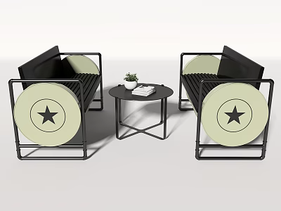 Contemporary Table Chair Set with Star Design Black Metal Frame and Small Plant 3d model