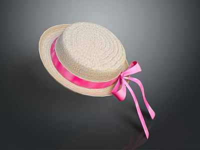 Stylish Straw Hat Featuring Pink Satin Ribbon And Bow Decoration For Summer 3d model