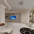 Modern Minimalist Office Reception Lobby With Comfortable Waiting Lounge And Elegant Curved Ceiling Lighting Design
