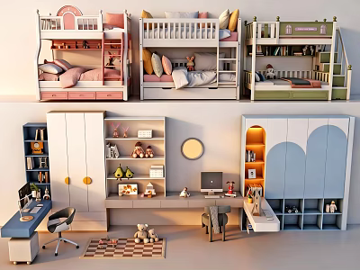 Colorful Kids Room Interior With Bunk Beds Bookshelves Desks And Storage Cabinets 3d model