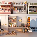 Colorful Kids Room Interior With Bunk Beds Bookshelves Desks And Storage Cabinets