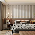 Modern Bedroom Interior With Wooden Bed Bench Closet And Patterned Rug