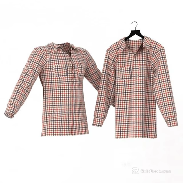 Two Plaid Long Sleeve Shirts with Chest Pockets hanging on Black Hangers 3d model 
