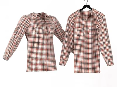 Two Plaid Long Sleeve Shirts with Chest Pockets hanging on Black Hangers 3d model