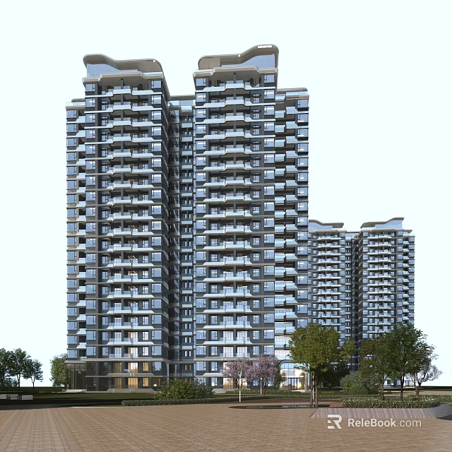 Modern High Rise Residential Buildings Exterior Design With Balconies Large Windows And Greenery 3d model 