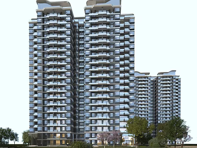 Modern High Rise Residential Buildings Exterior Design With Balconies Large Windows And Greenery 3d model