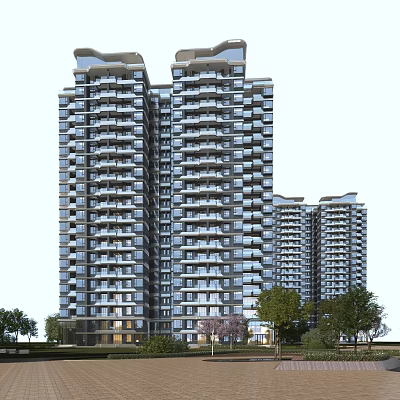 Modern High Rise Residential Buildings Exterior Design With Balconies Large Windows And Greenery 3d model